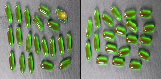 capsules: detected defect heatmap and a good part